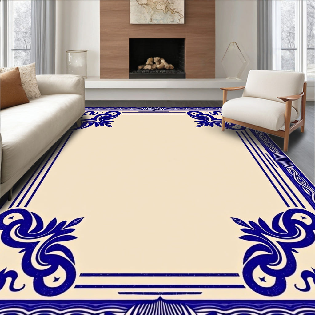 Deep Blue Elegant Scroll Border Rug