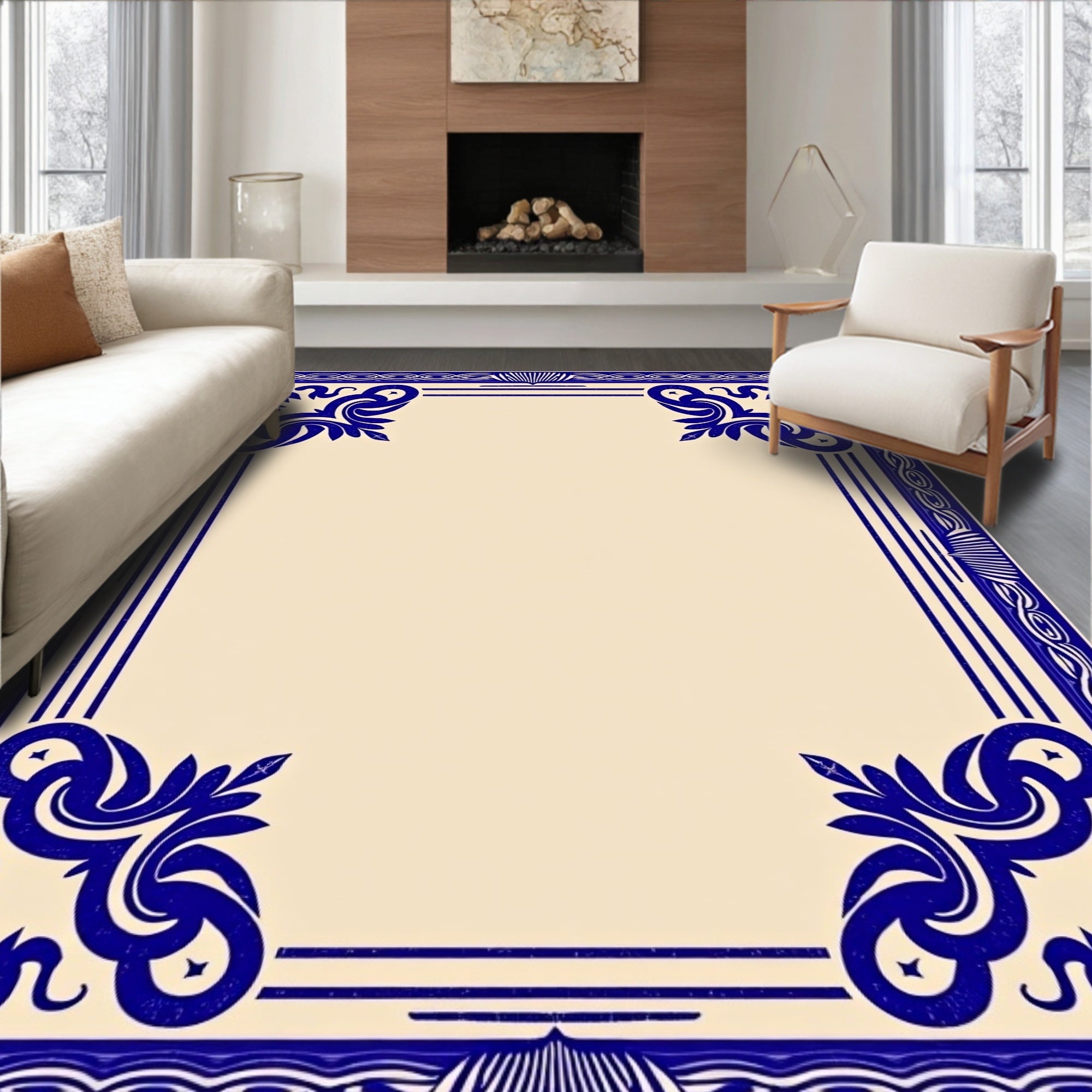 Deep Blue Elegant Scroll Border Rug