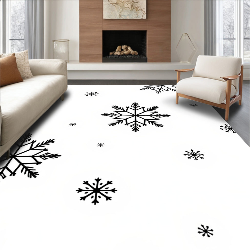 Black Snowflakes on White Background Rug