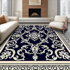 Deep Blue Cream Floral Medallion Rug