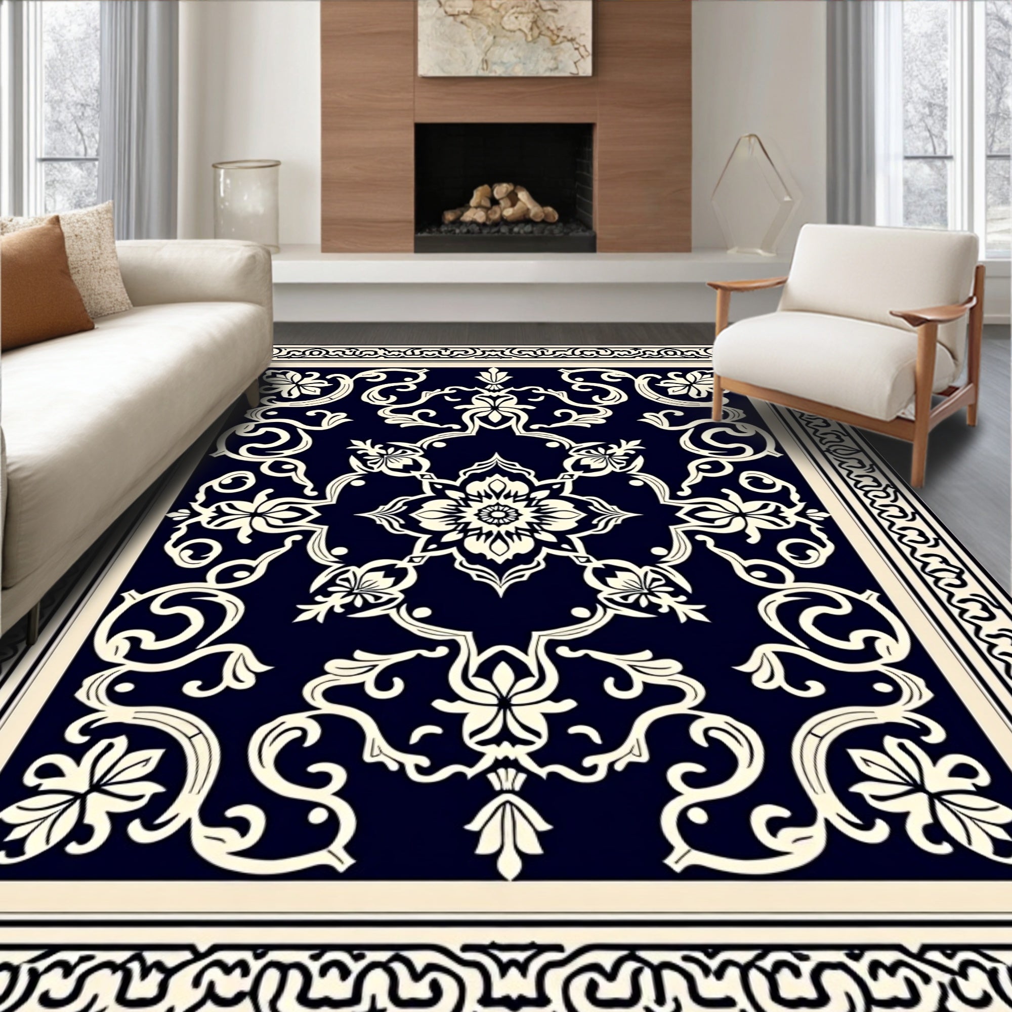 Deep Blue Cream Floral Medallion Rug