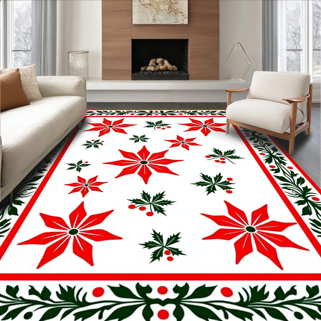 Vibrant Red Floral Holly Border Rug