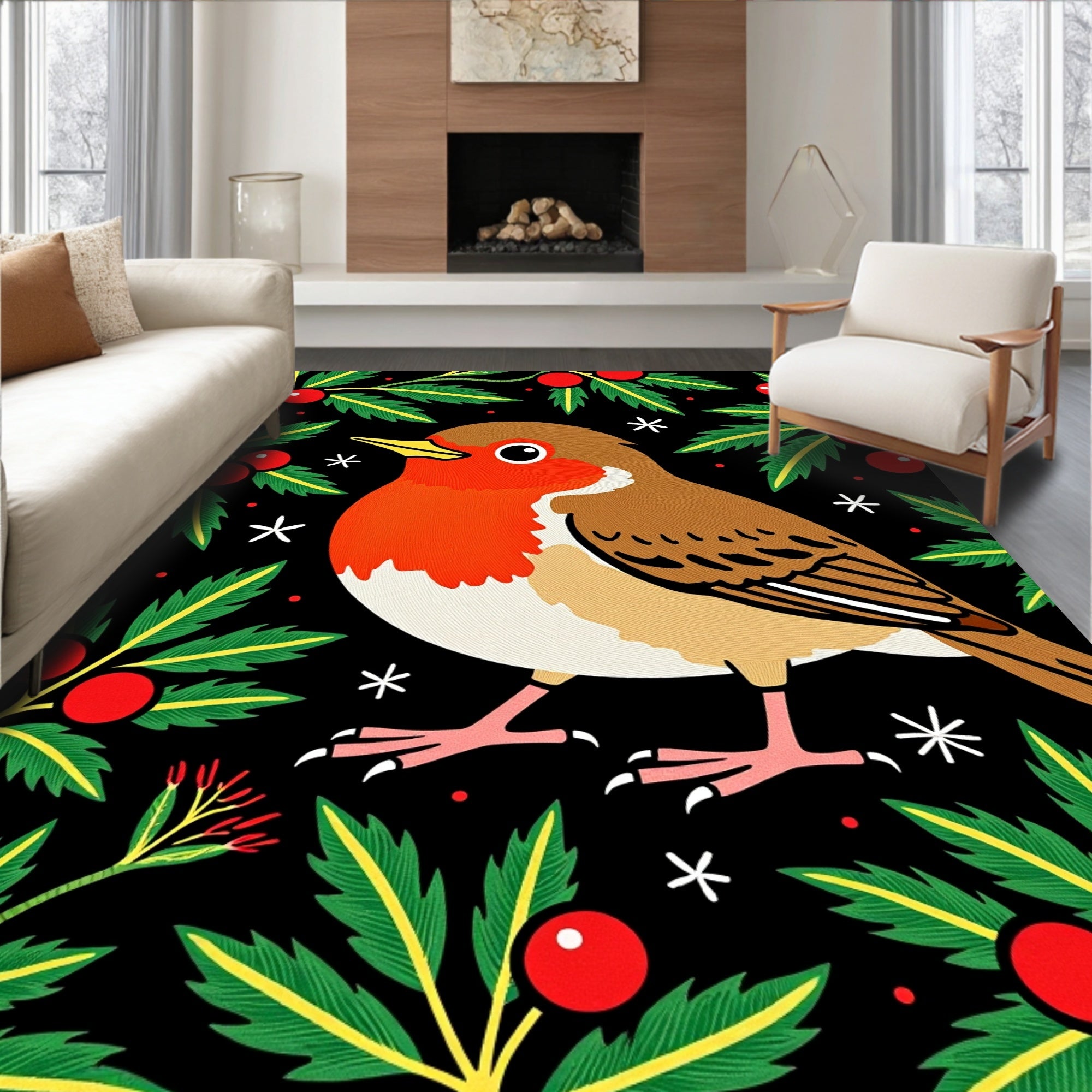 Whimsical Robin WithHolly Berries And Stars Rug