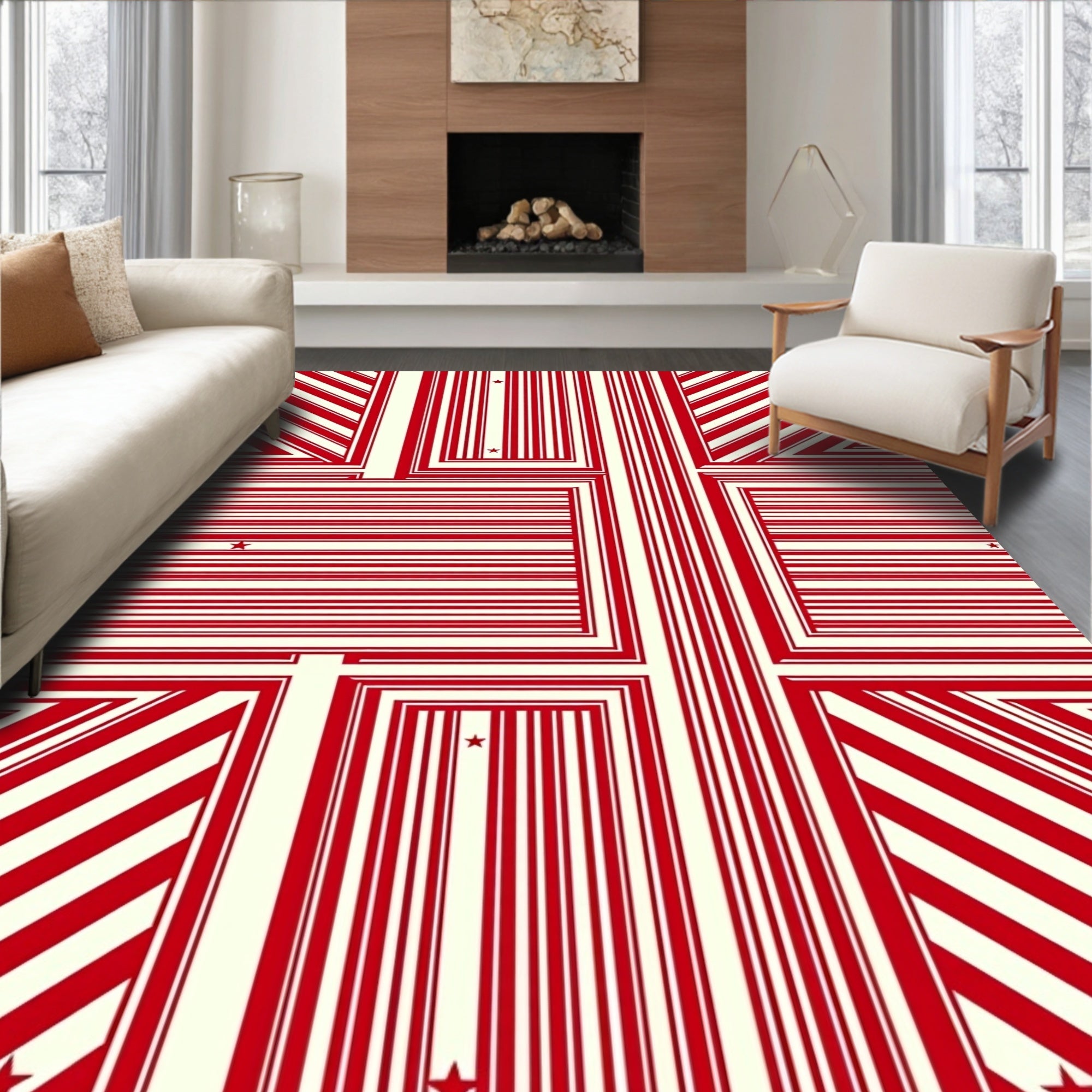 Bold Red and Cream Star Stripes Rug