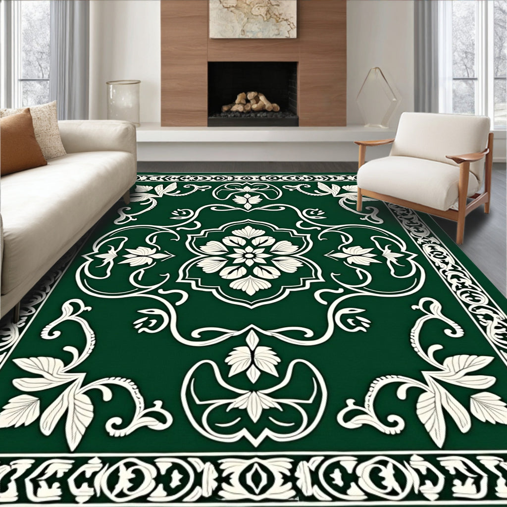 Emerald Green White Floral Medallion Border Rug
