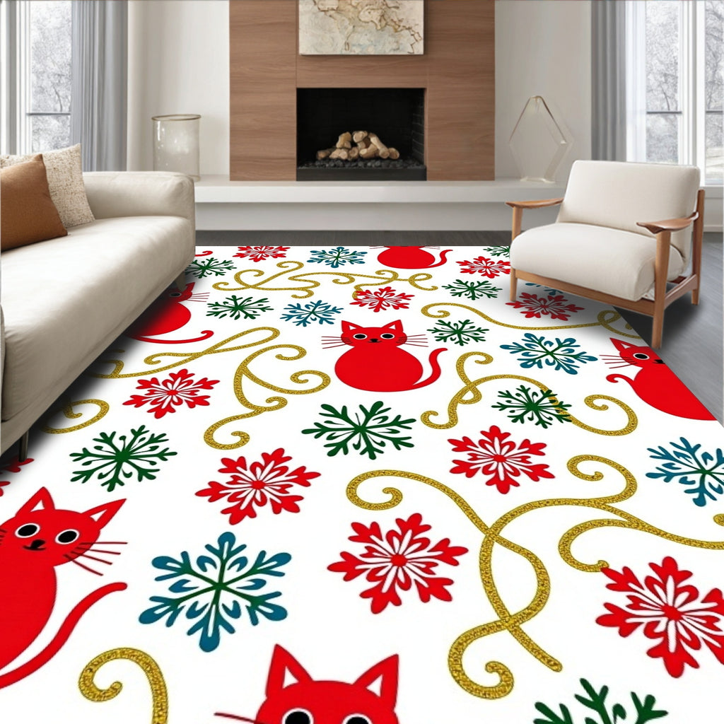 Red Cats Snowflakes Glittering Curls Rug