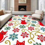 Red Cats Snowflakes Glittering Curls Rug