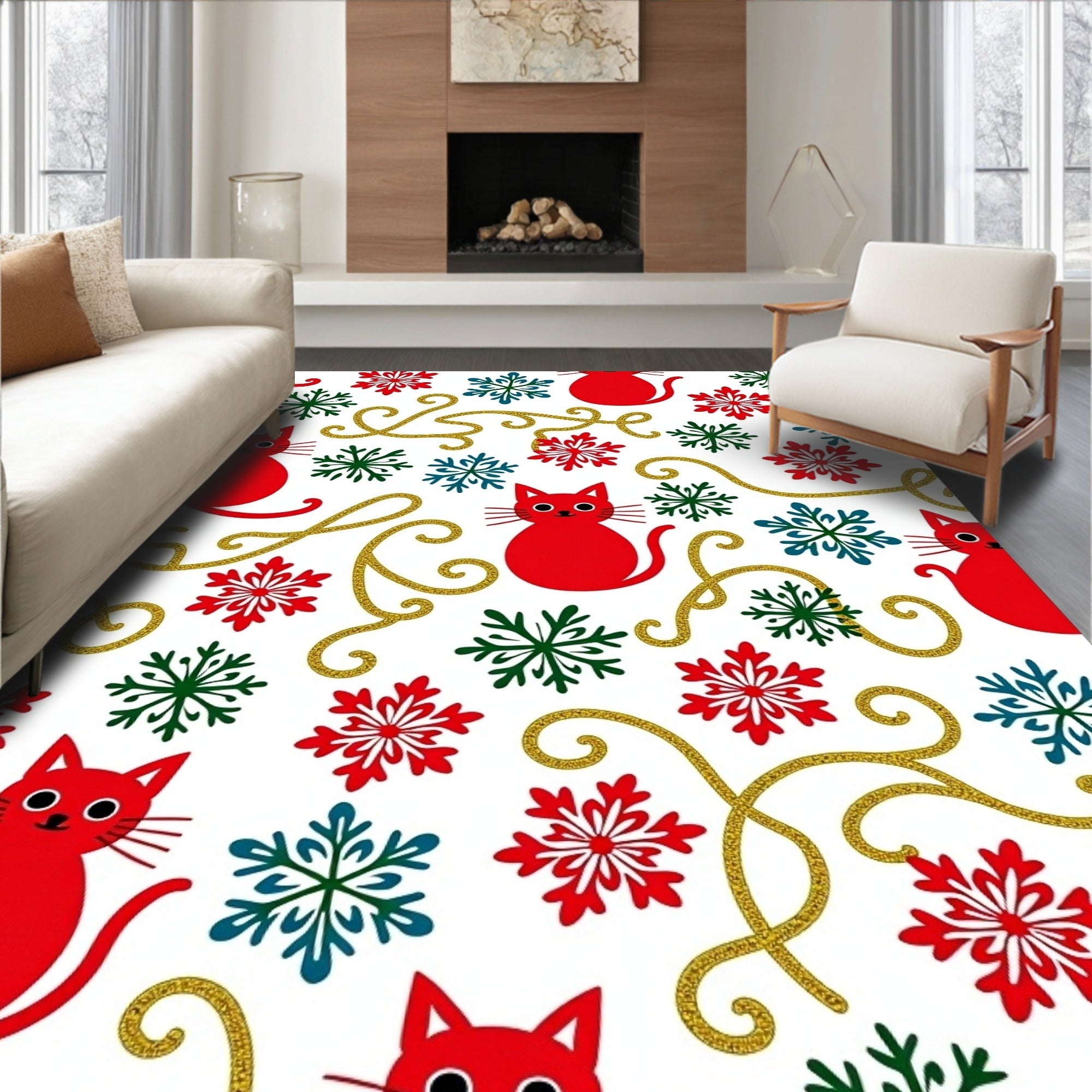 Red Cats Snowflakes Glittering Curls Rug