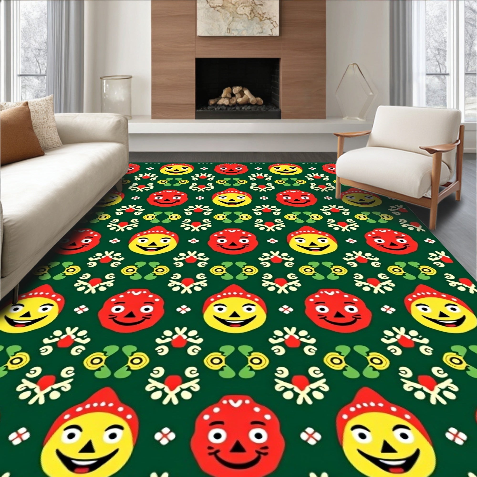 Red Yellow Happy Face Folk Rug