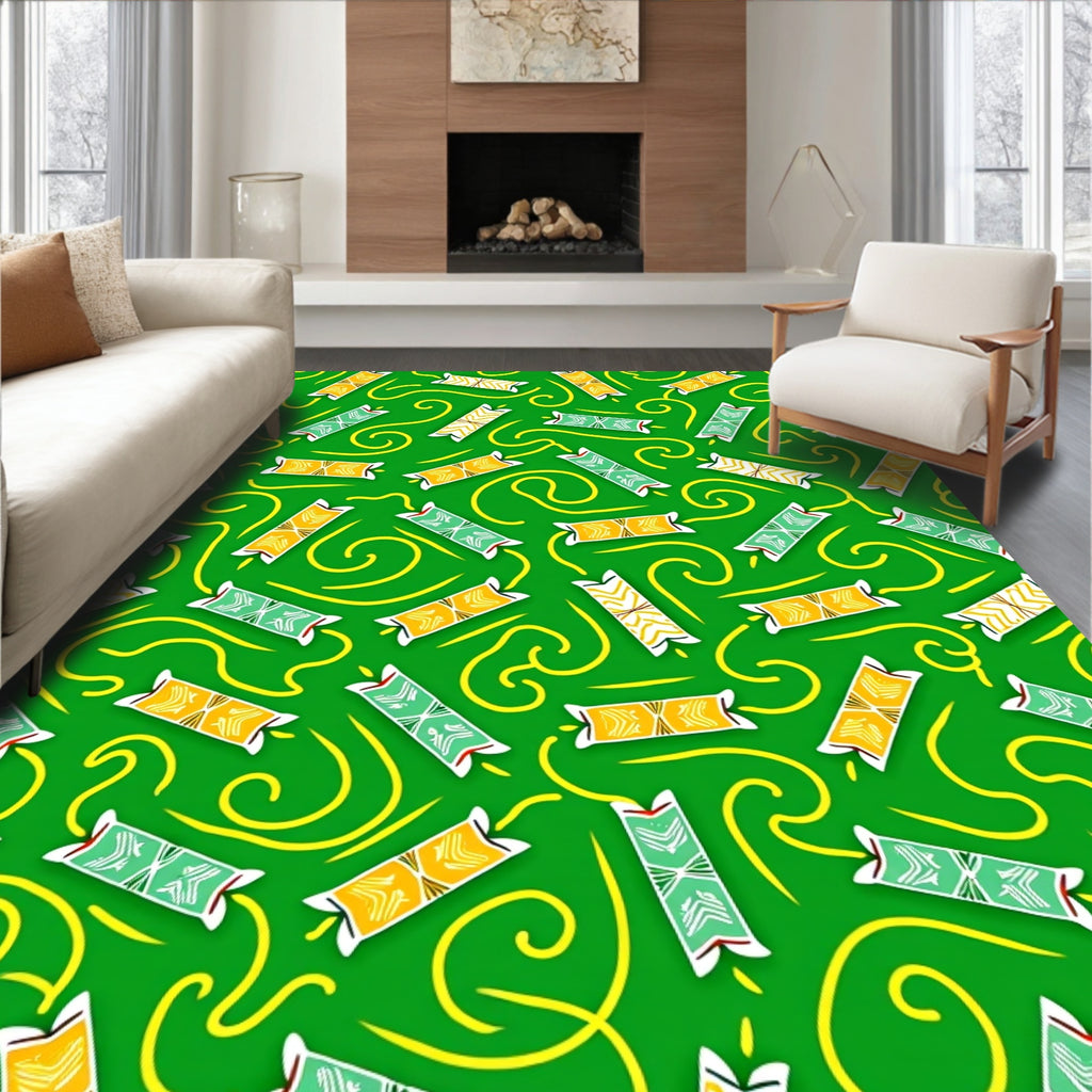Emerald Green Yellow Swirl Tribal Rug