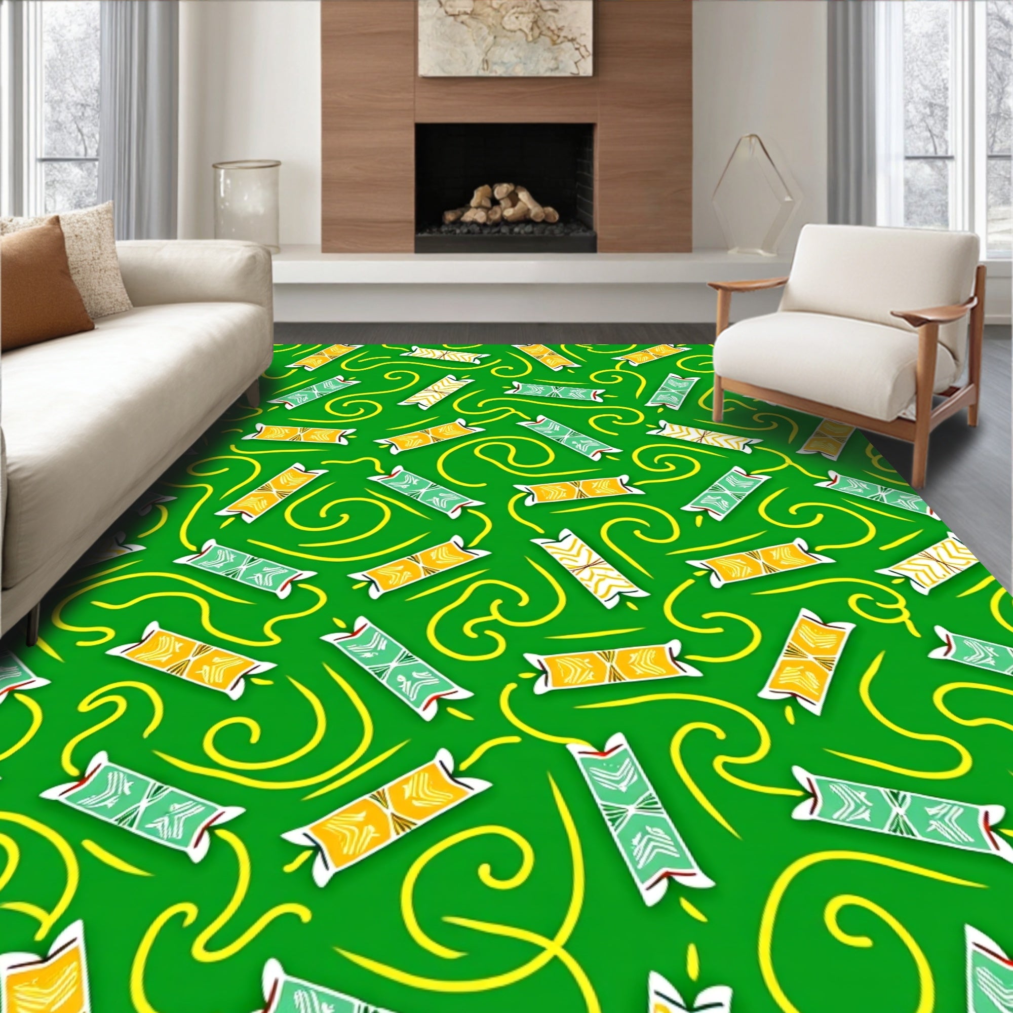 Emerald Green Yellow Swirl Tribal Rug
