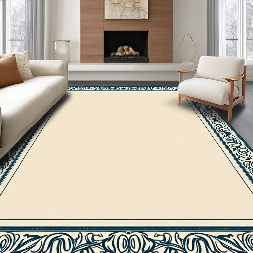 Classic Navy Floral Bordered Cream Rug