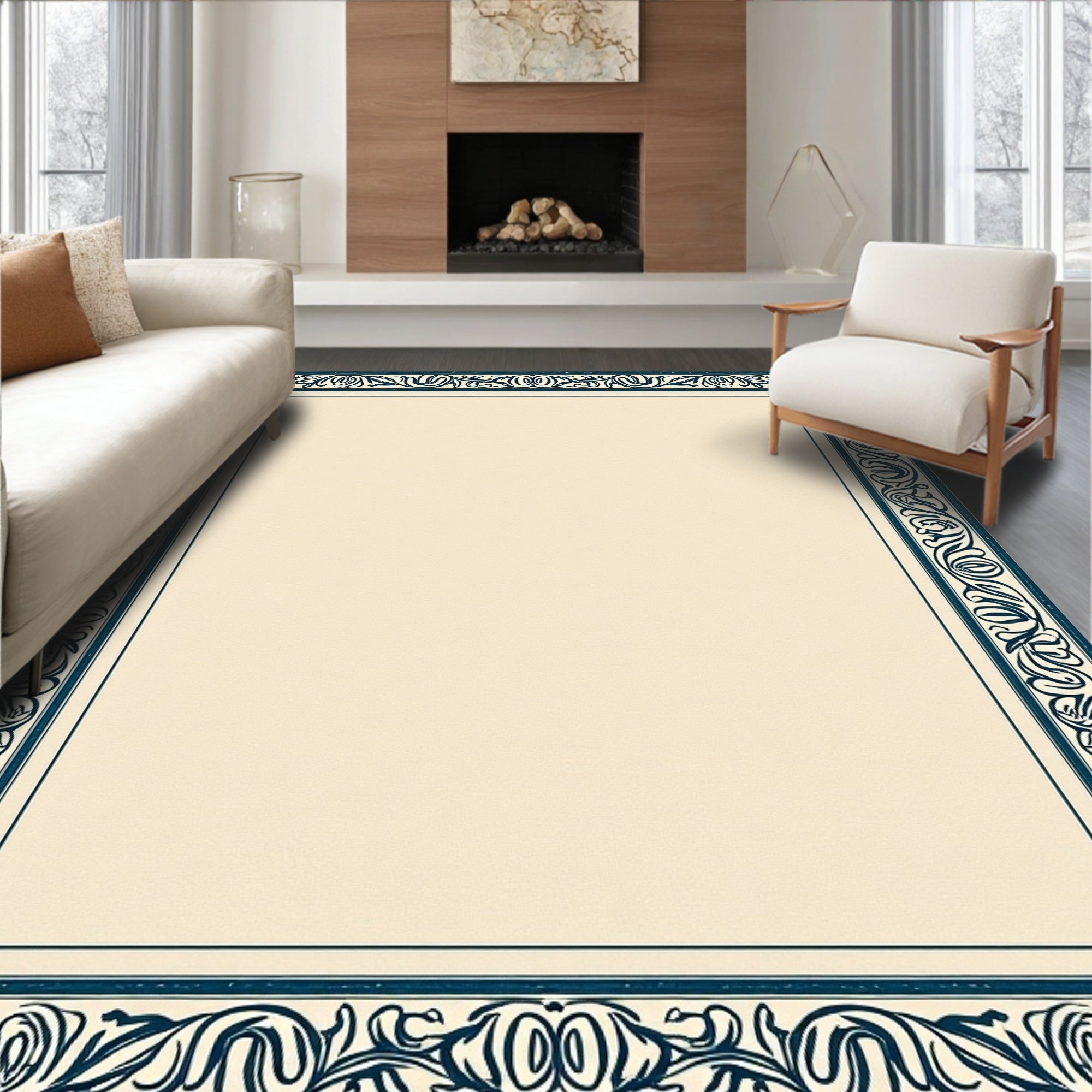 Classic Navy Floral Bordered Cream Rug