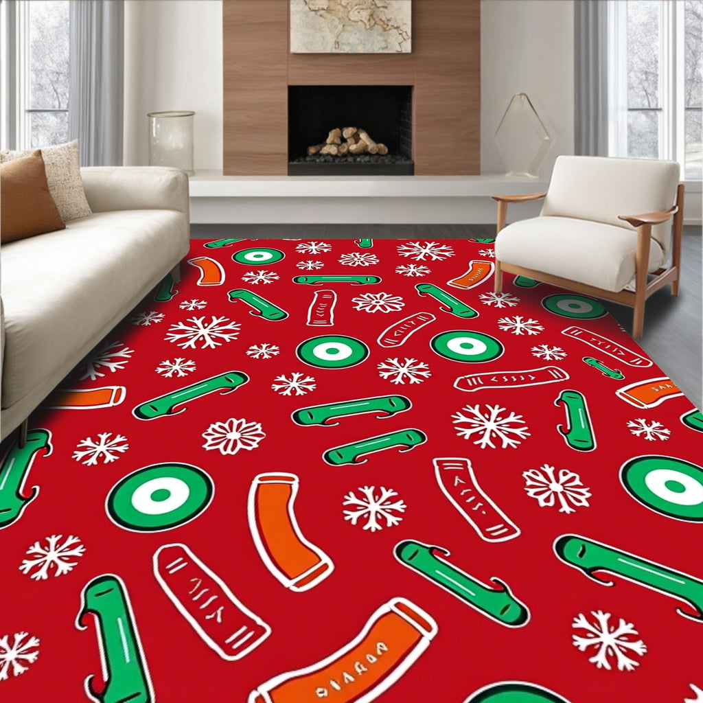 Red Winter Snowflakes Green Orange Shapes Rug