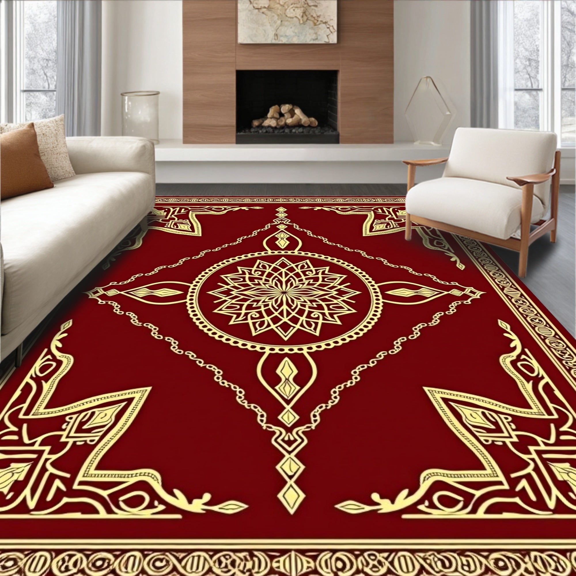 Deep Red Golden Medallion Border Rug