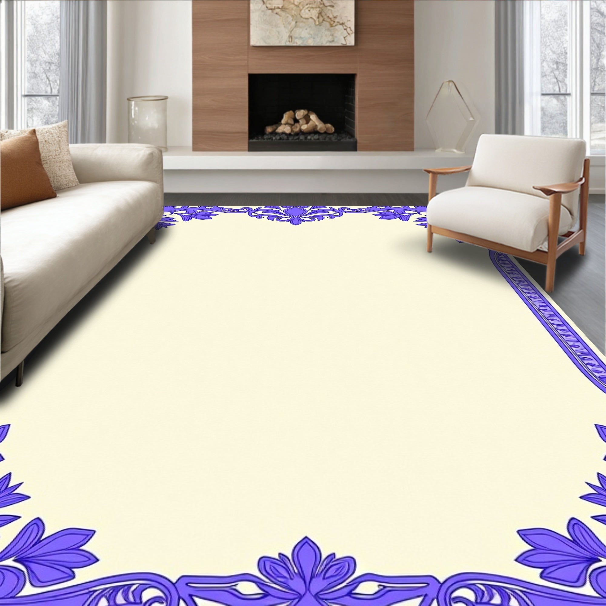 Lavender Floral Scrollwork Frame Rug