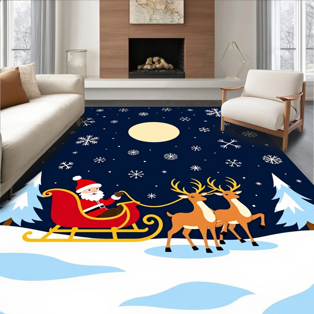 Santa Sleigh Flying Snowflakes Moon Night Rug