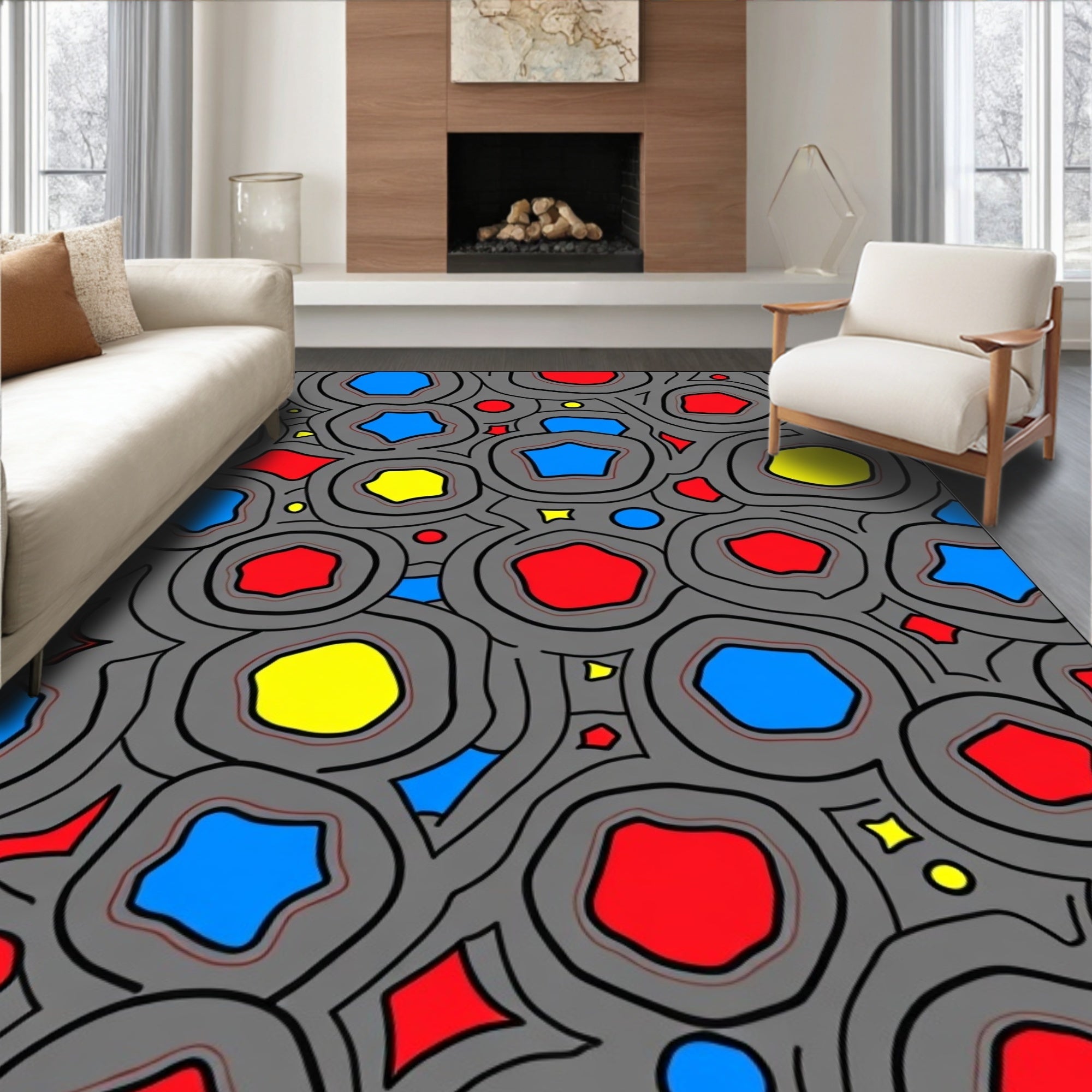Gray Organic Shapes with Blue Red Yellow Rug