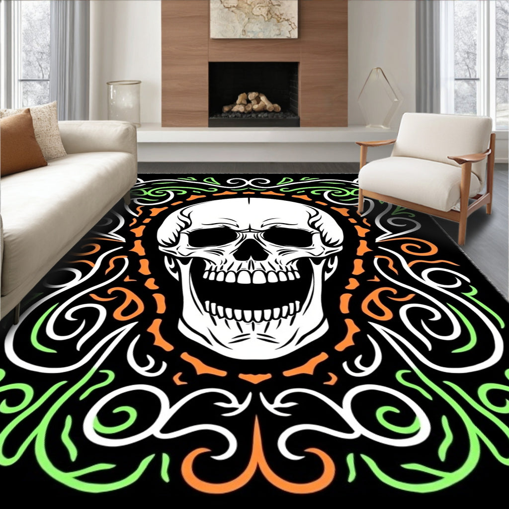 Grotesque White Skull Floral Border Rug