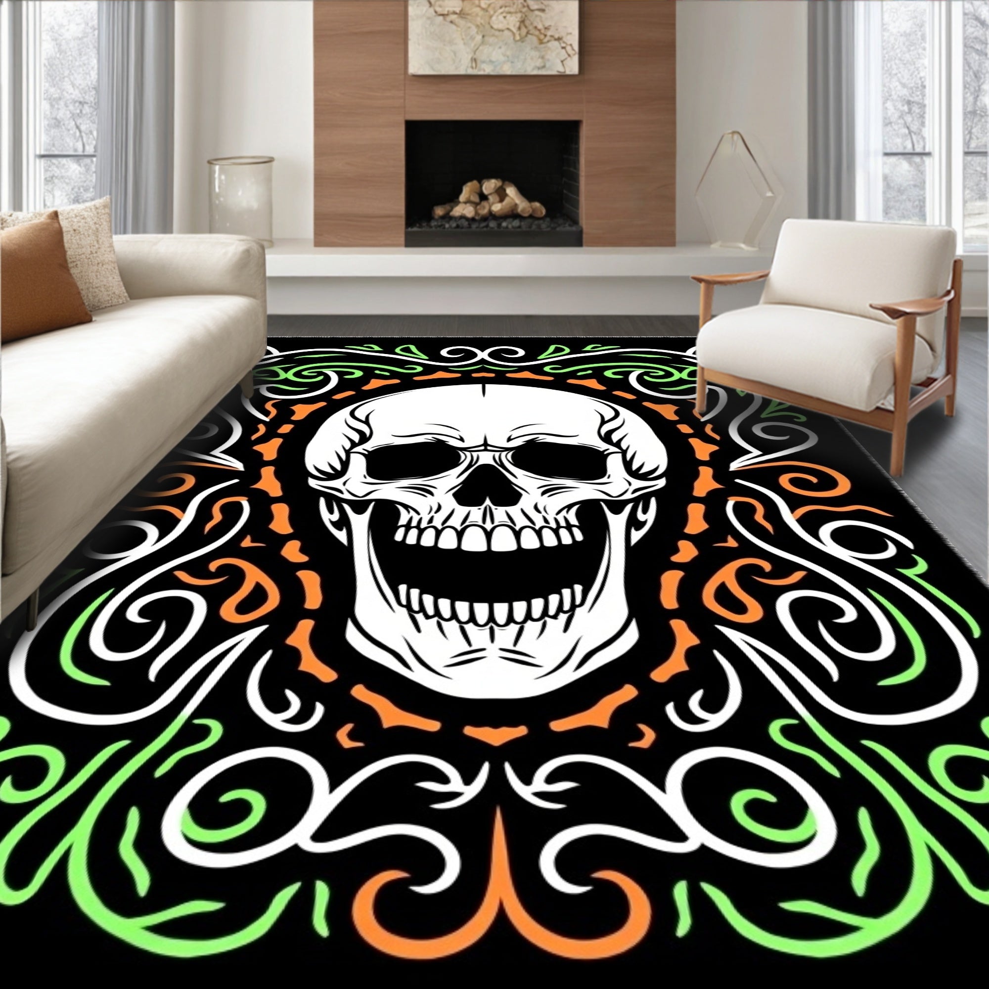 Grotesque White Skull Floral Border Rug