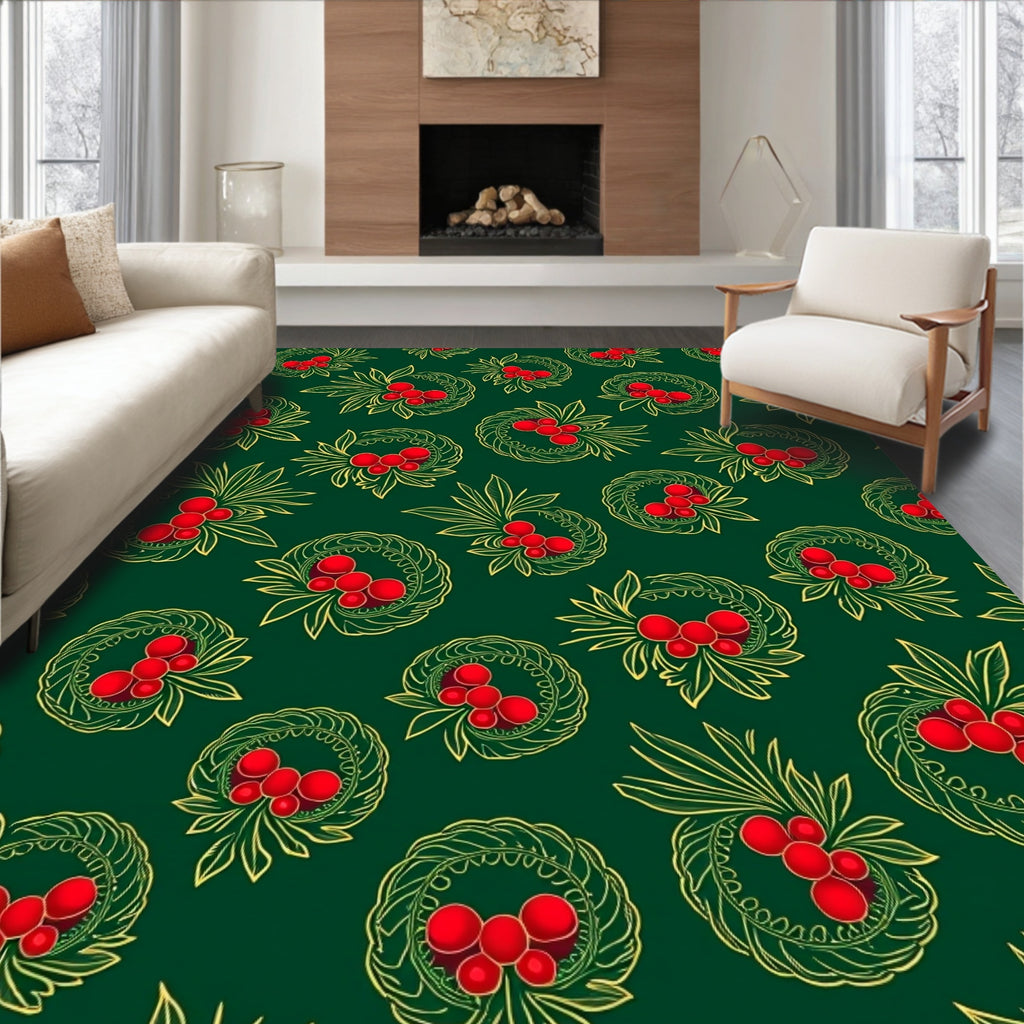 Emerald Green Red Berry Wreath Rug