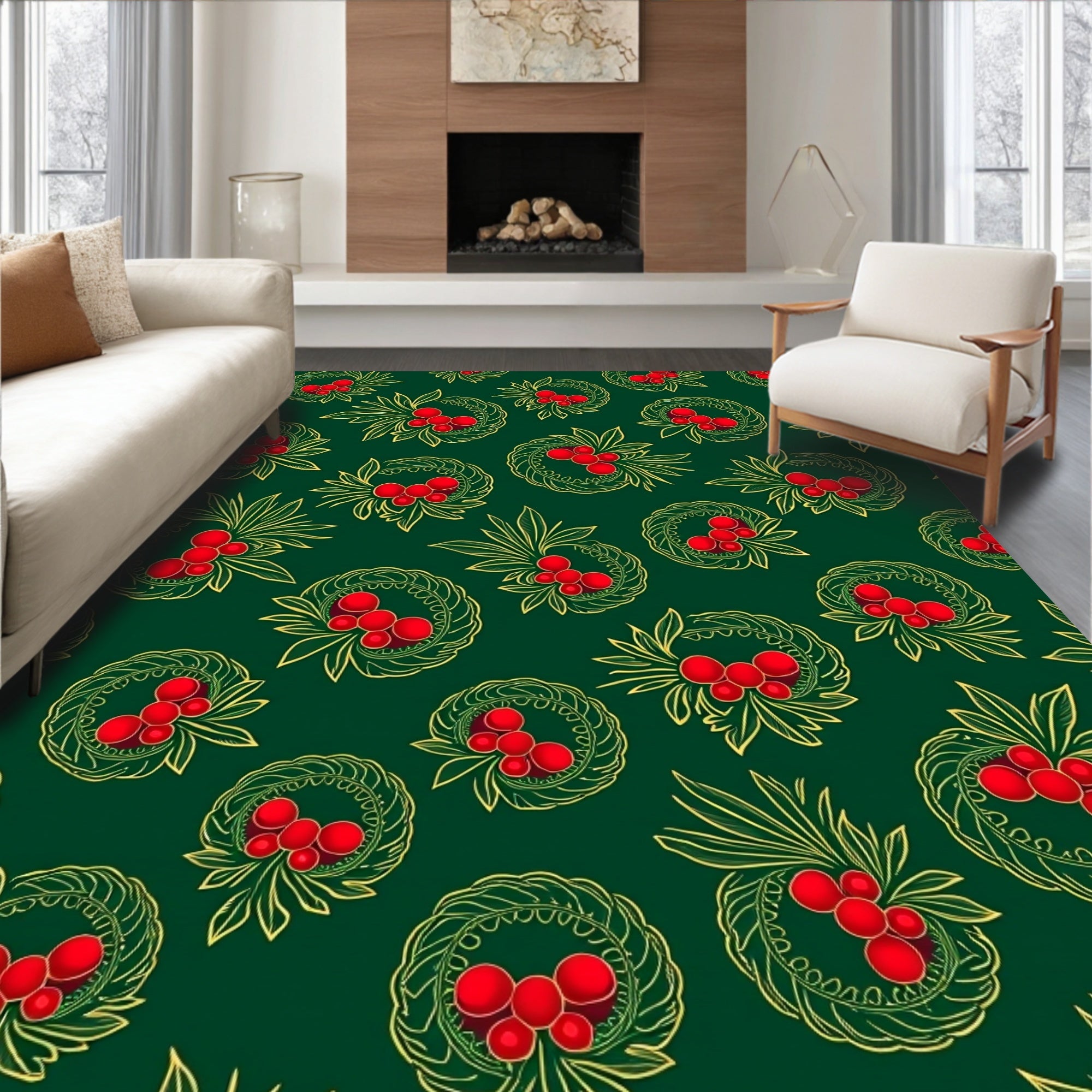Emerald Green Red Berry Wreath Rug