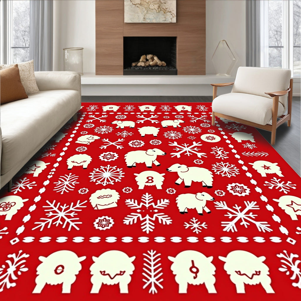Cream Sheep Snowflakes Red Field Rug