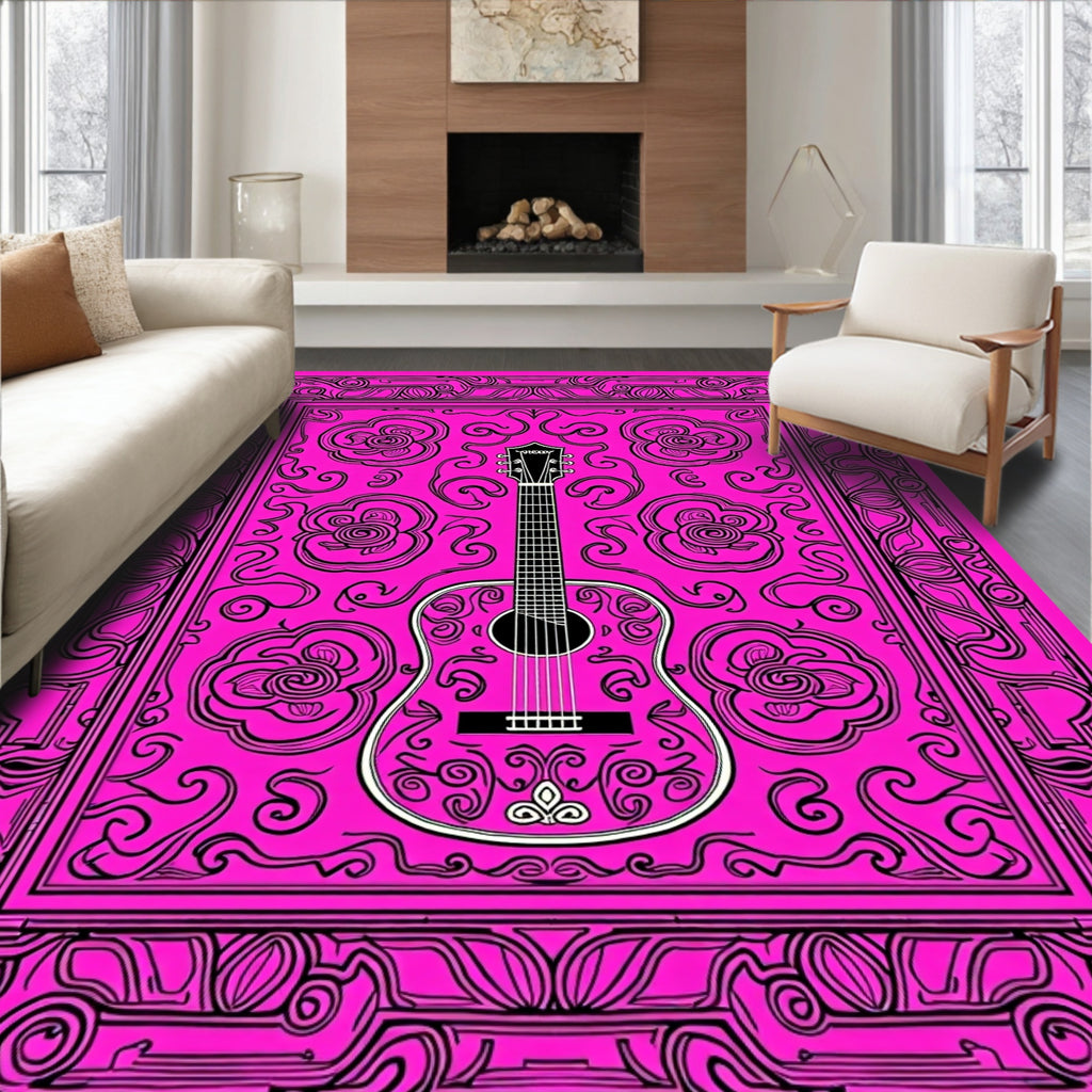 Vibrant Pink Floral Guitar Outline Rug