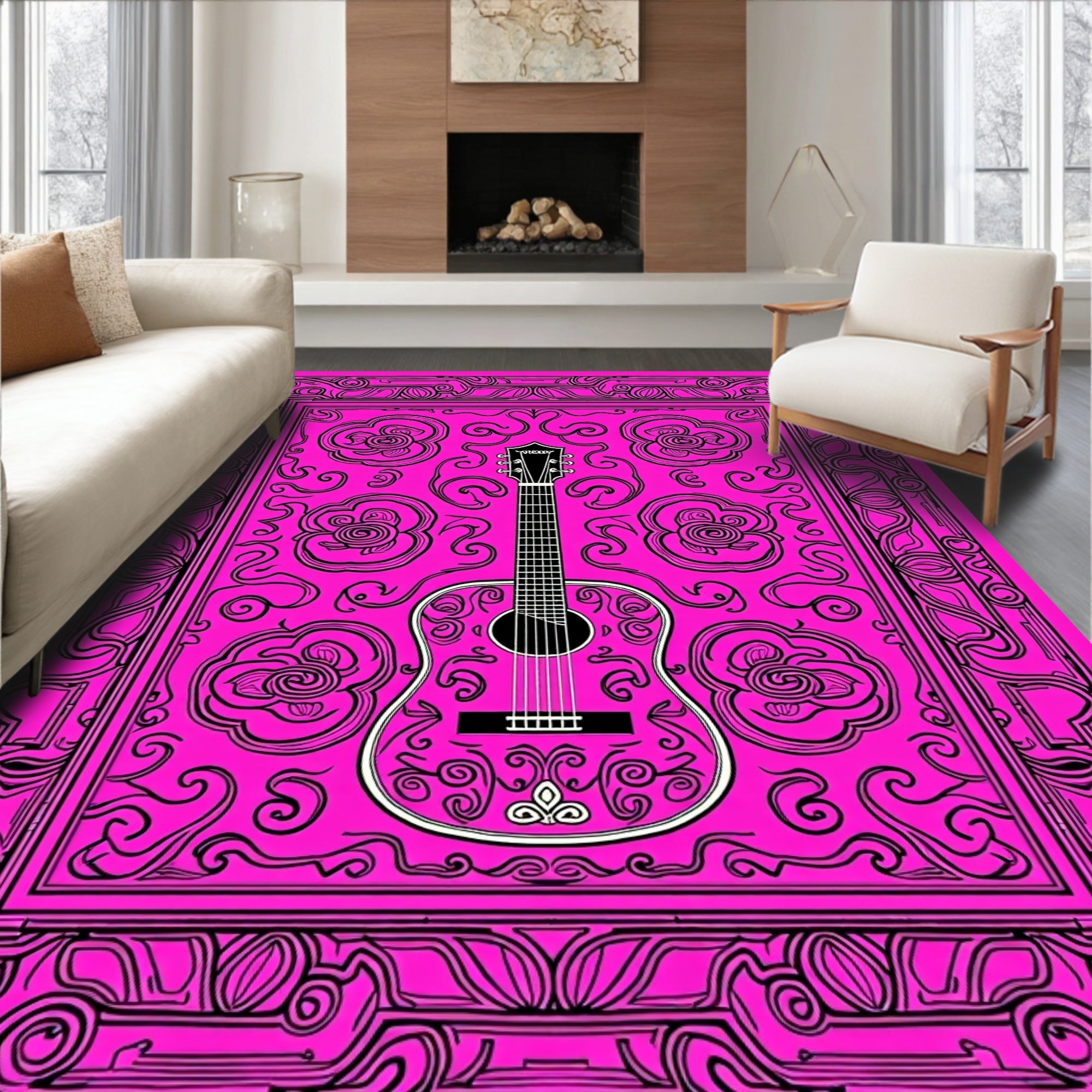 Vibrant Pink Floral Guitar Outline Rug