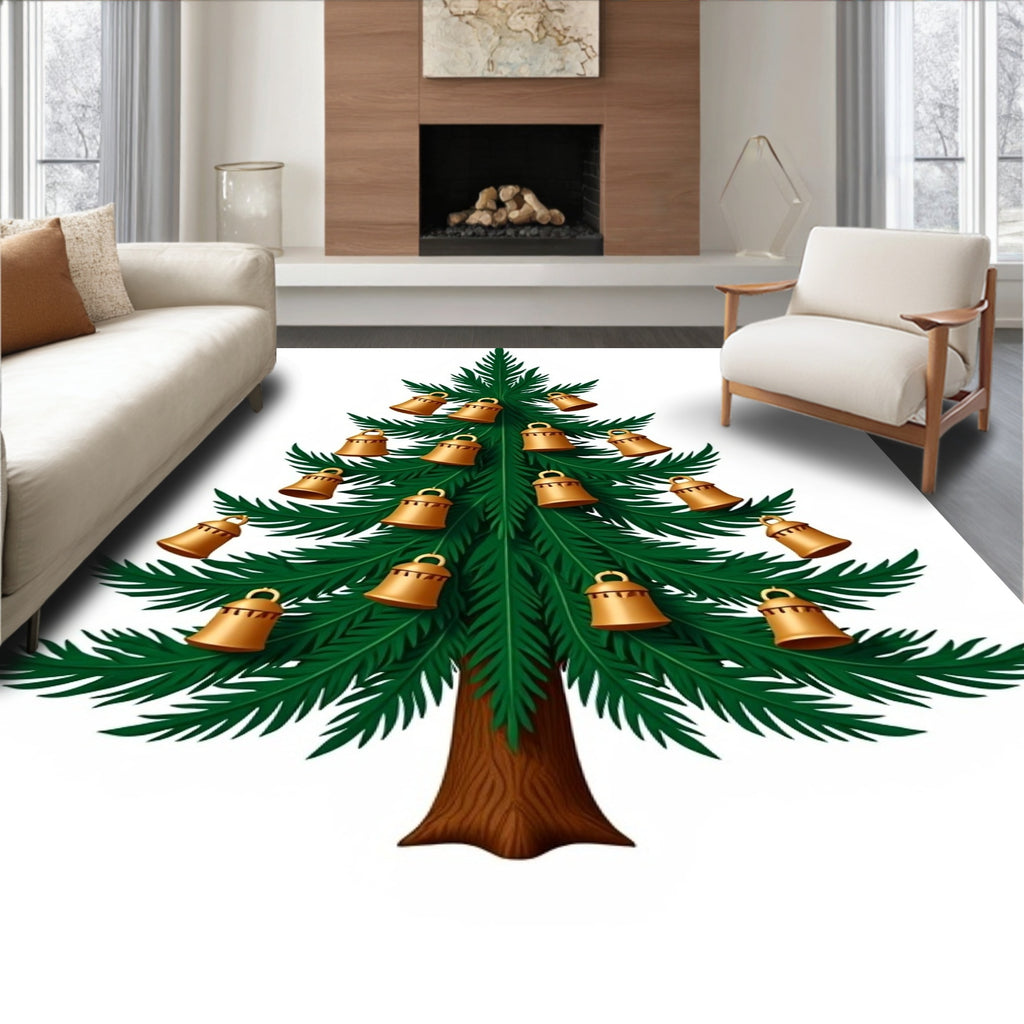Golden Bells Adorn Green Christmas Tree Rug