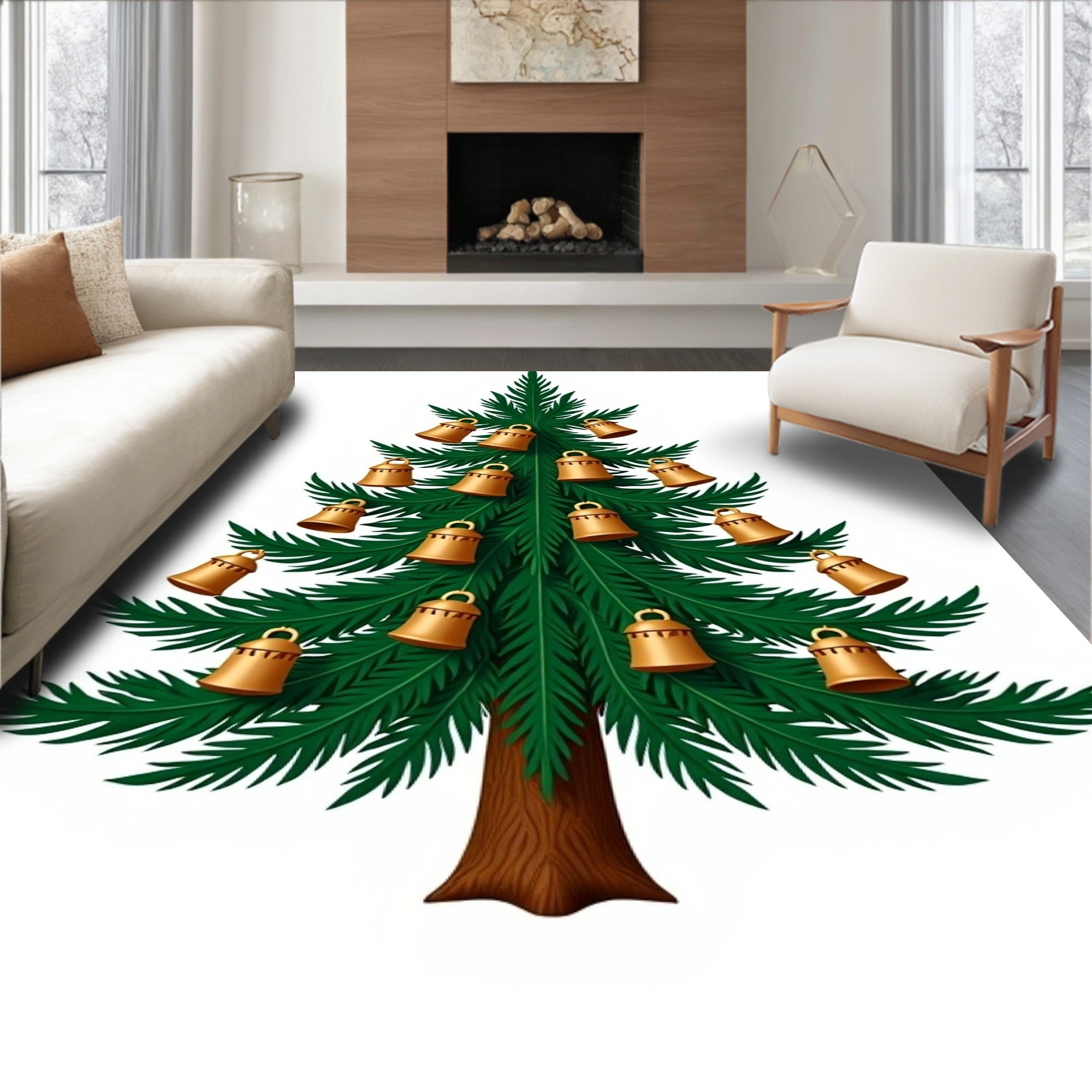 Golden Bells Adorn Green Christmas Tree Rug