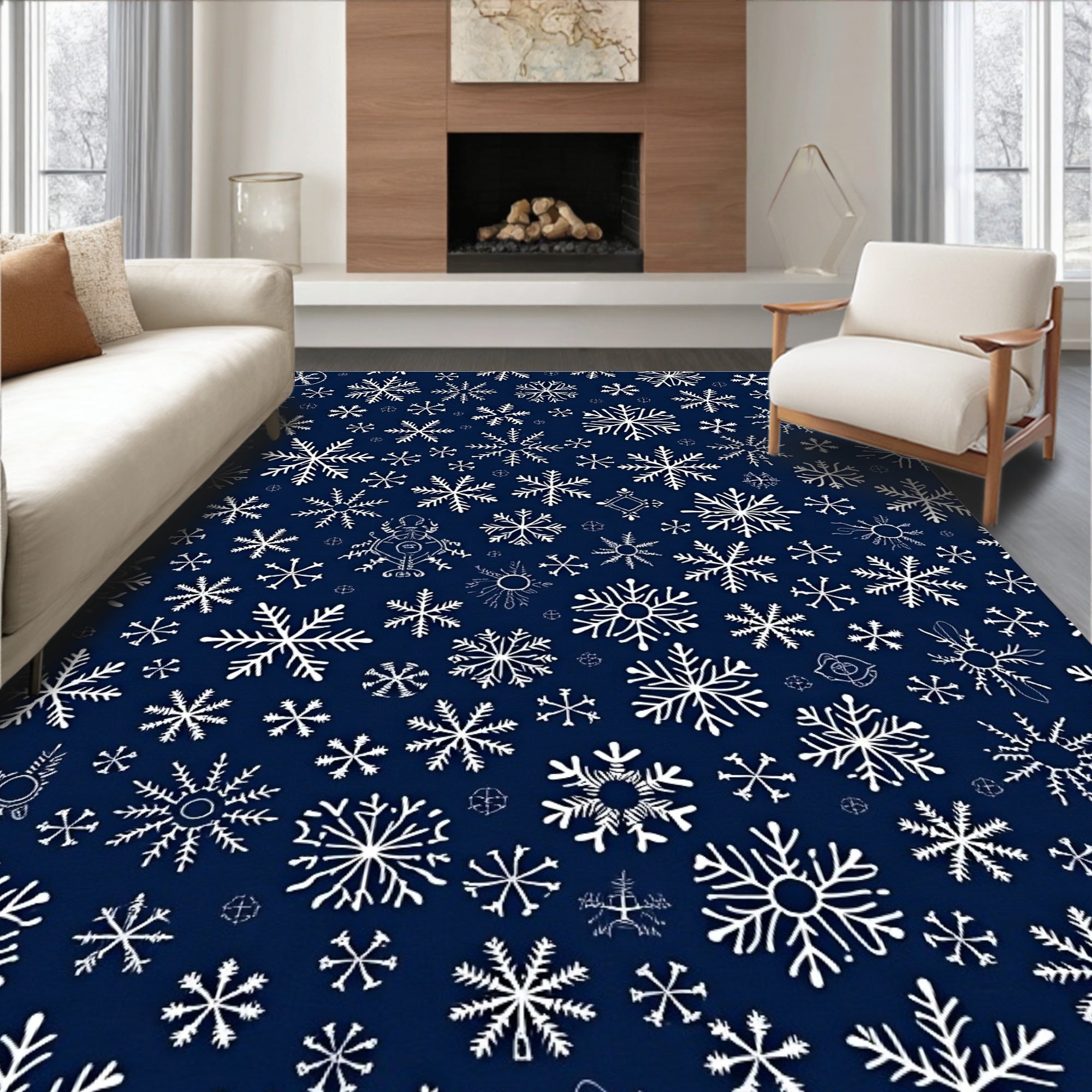 Navy Blue White Snowflake Collage Rug