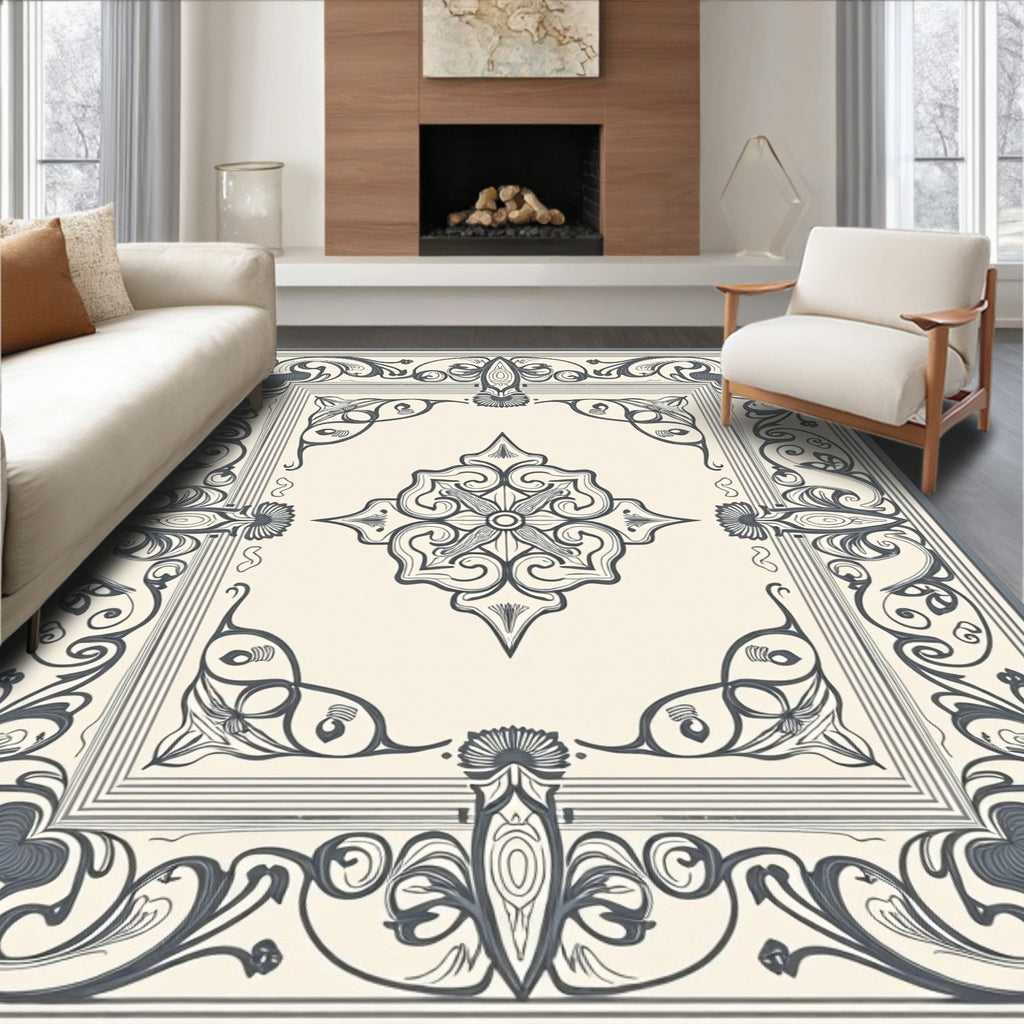 Vintage Cream Gray Floral Border Rug