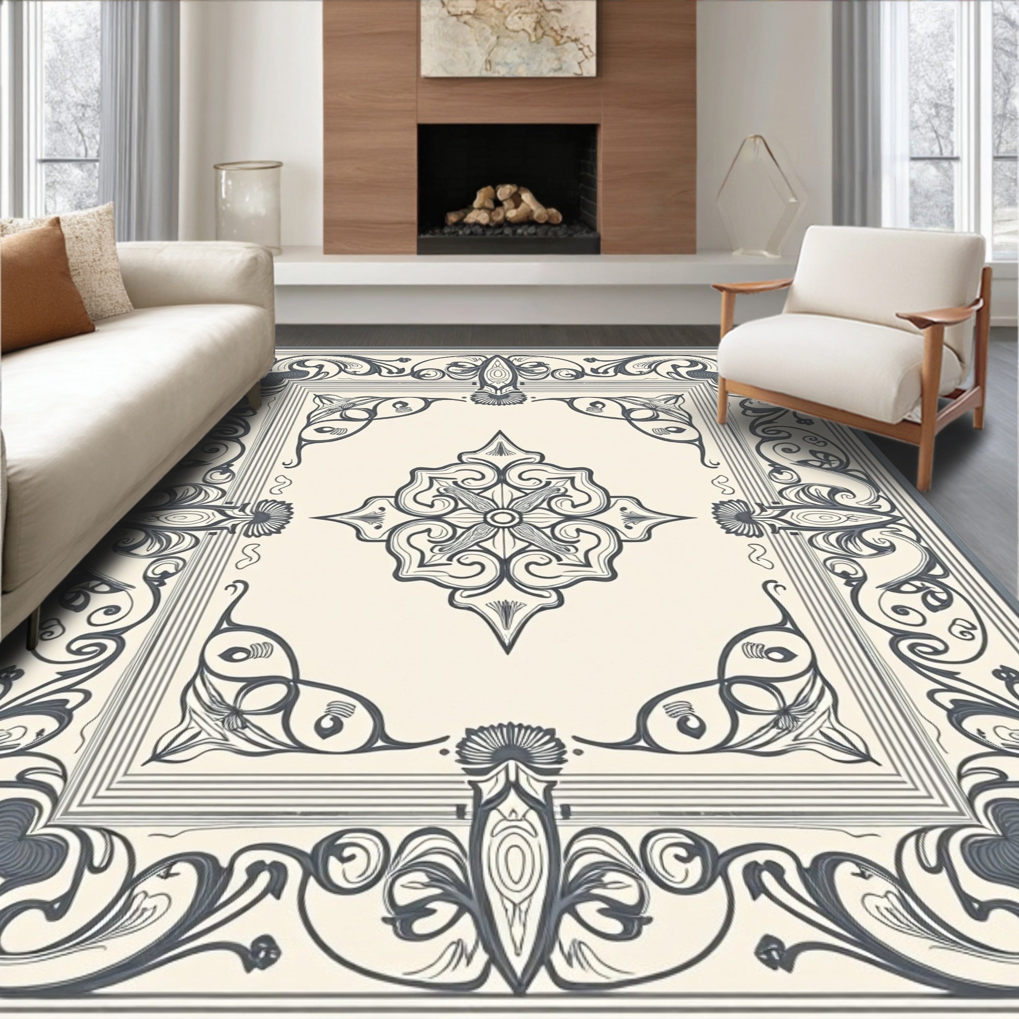 Vintage Cream Gray Floral Border Rug