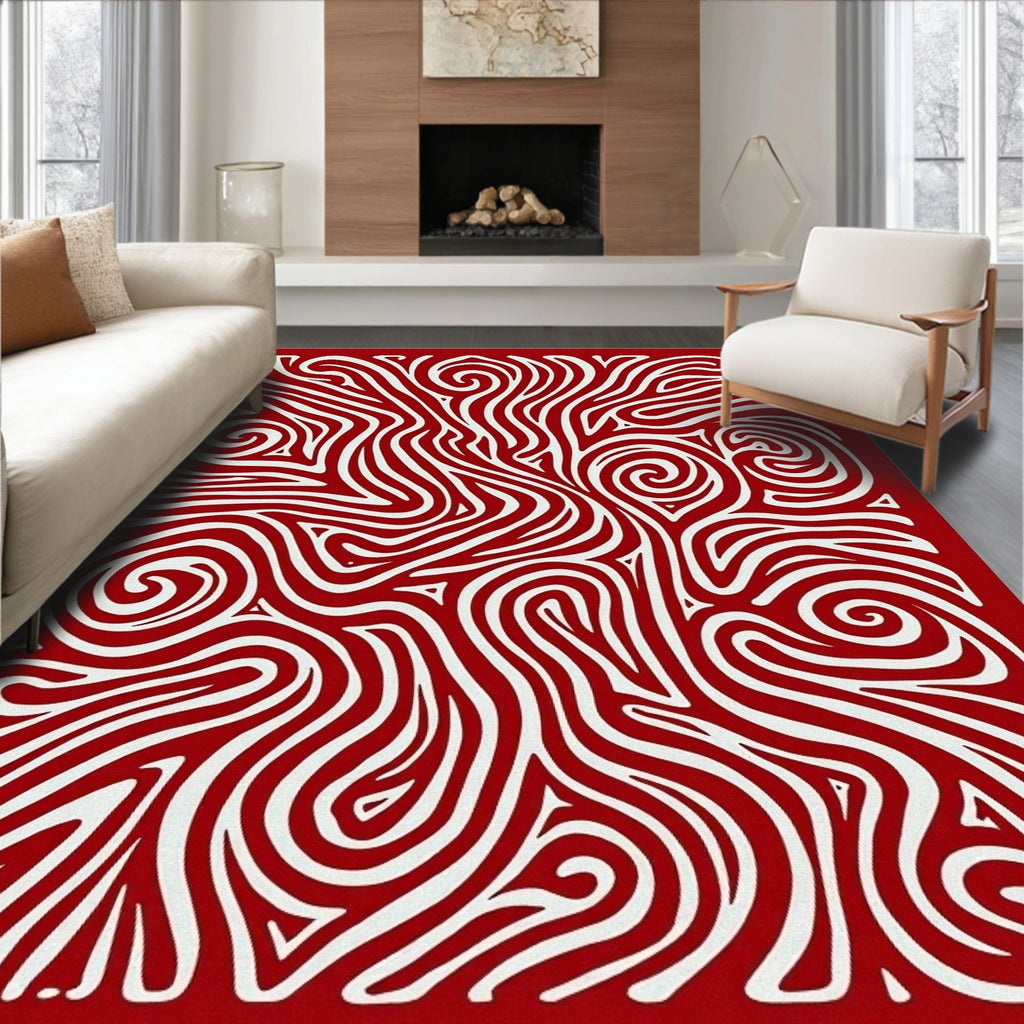 Crimson White Swirl Organic Lines Rug