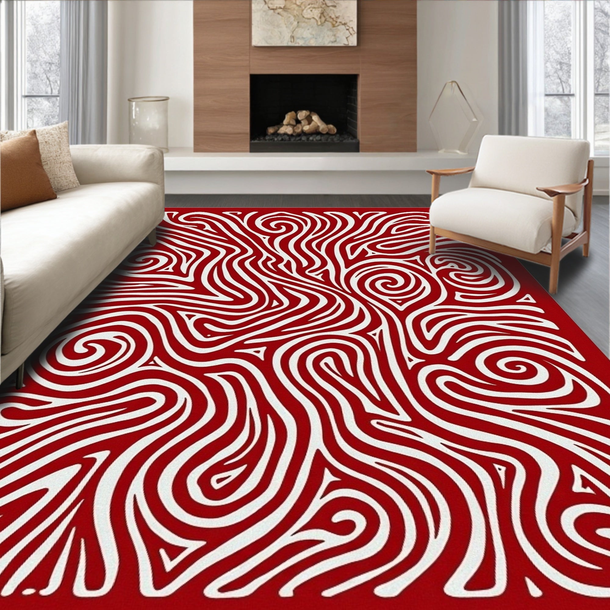 Crimson White Swirl Organic Lines Rug