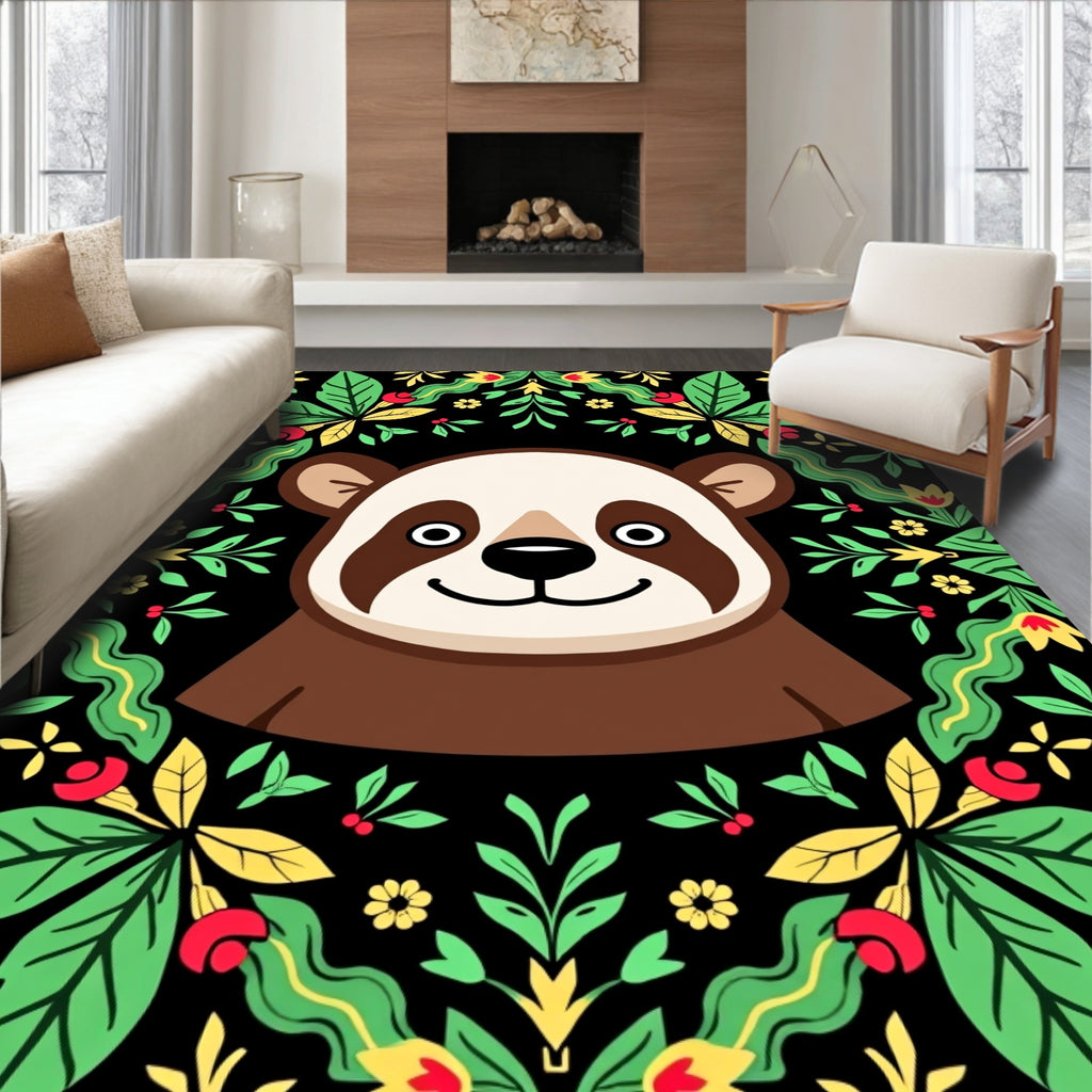 Playful Panda Green Floral Border Rug