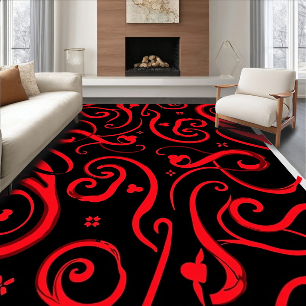 Crimson Swirls on Black Background Rug
