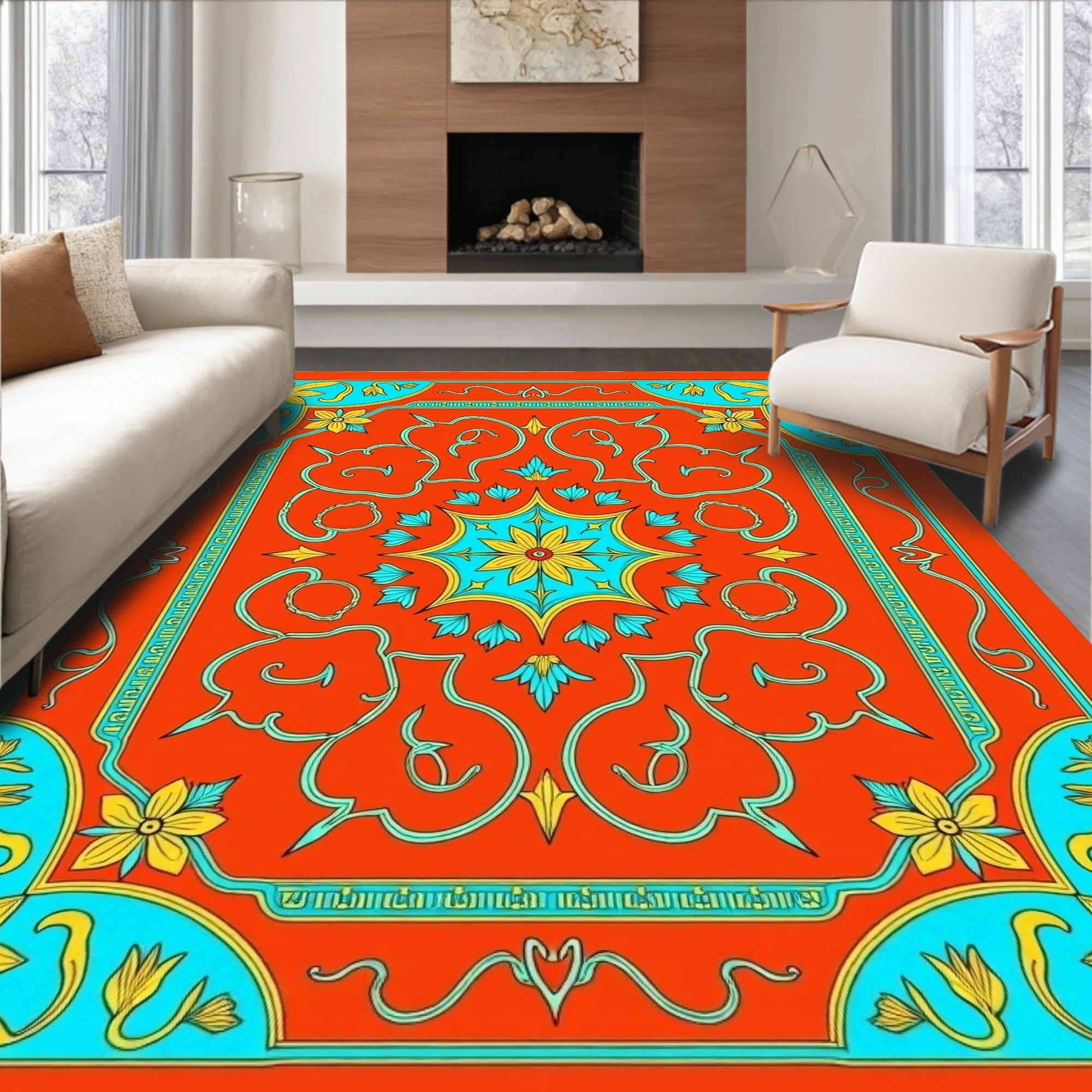 Coral Aqua Yellow Floral Medallion Rug