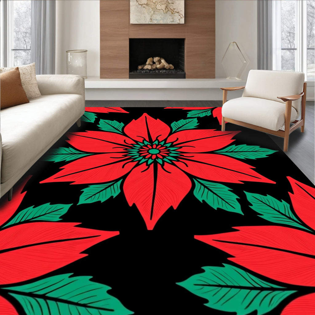 Crimson Flower Bloom Green Leaves Rug