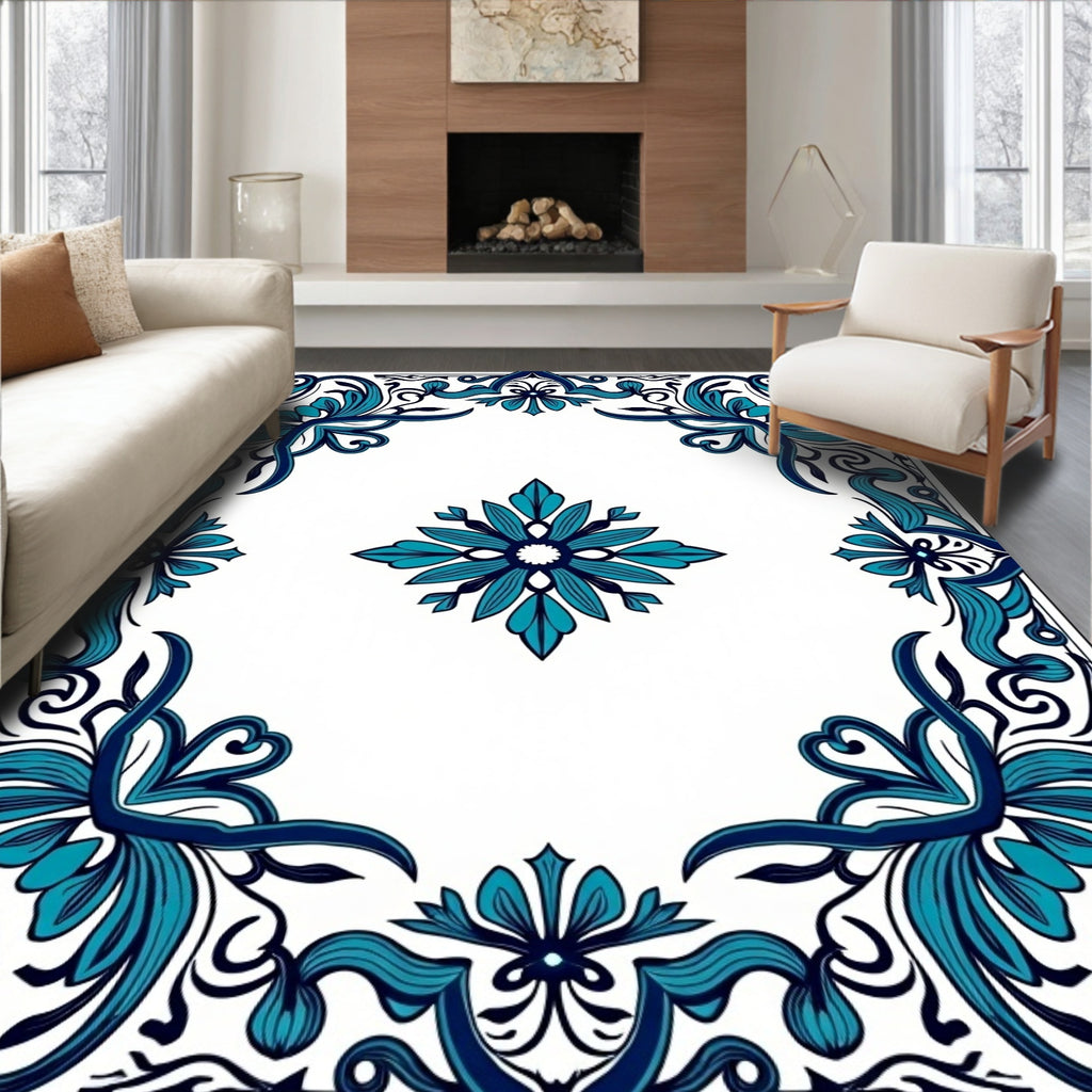 Teal Blue Floral Scroll Medallion Rug