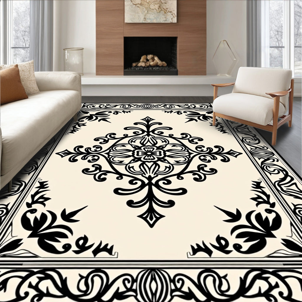 Black Ivroy Ornamental Frame Medallion Rug