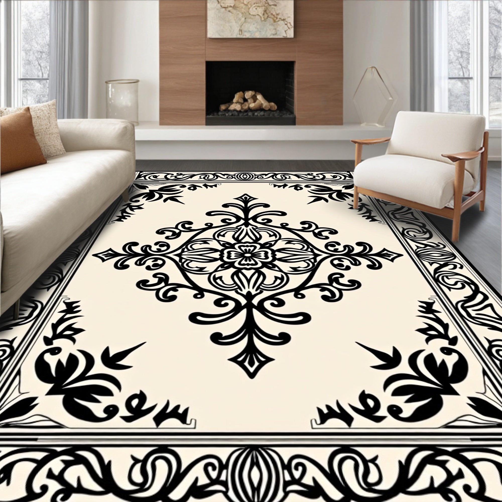 Black Ivroy Ornamental Frame Medallion Rug