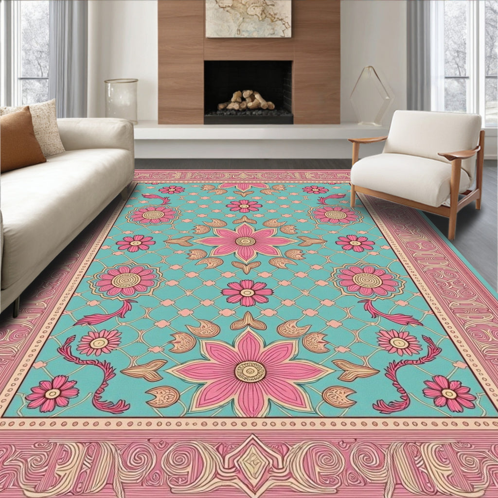 Vintage Teal Pink Floral Mandala Rug