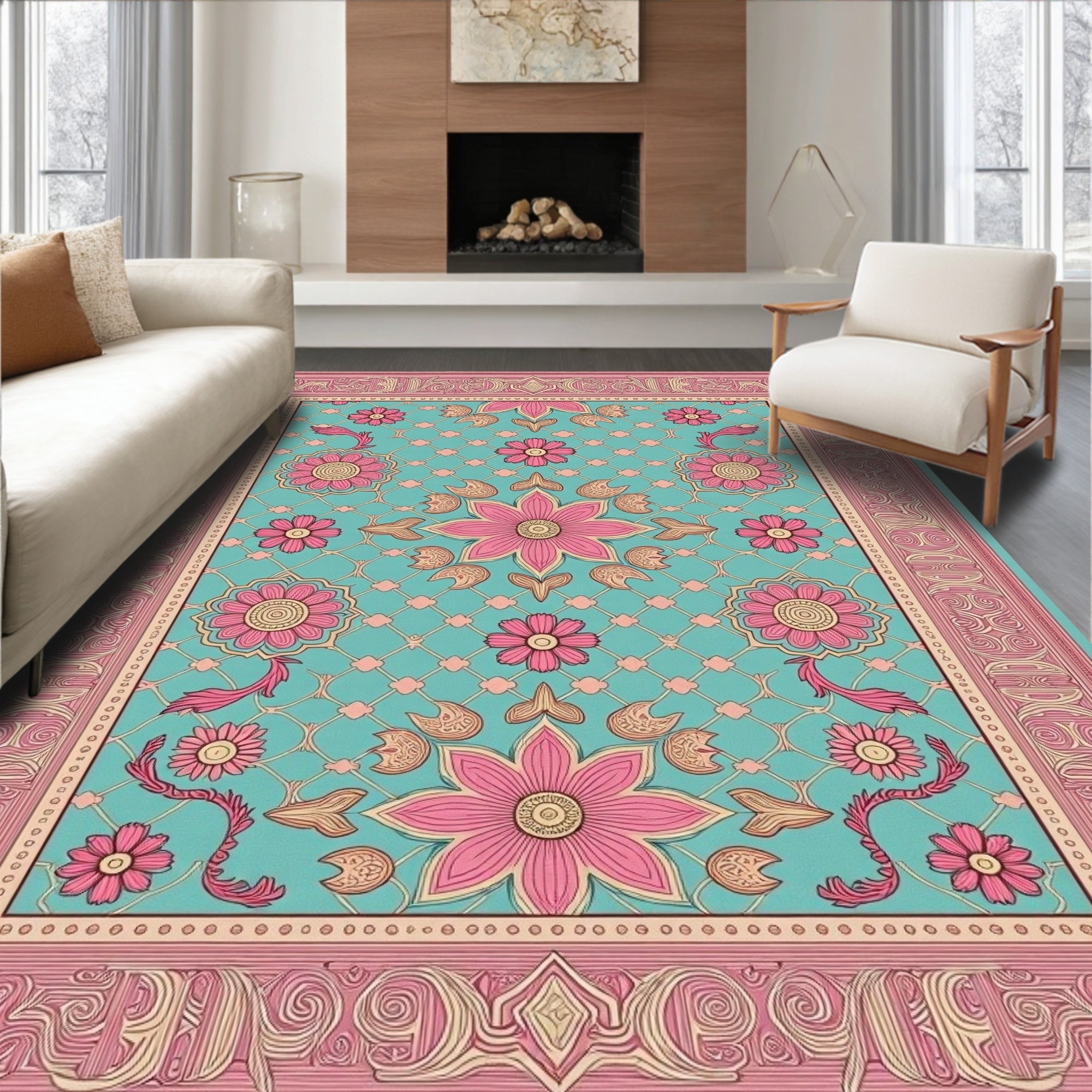Vintage Teal Pink Floral Mandala Rug