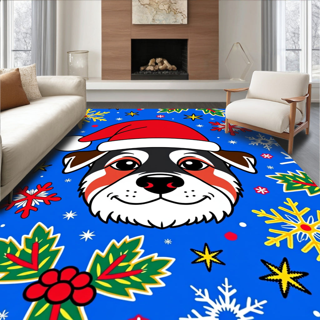 Christmas Dog Santa Hat Snowflakes Holly Rug