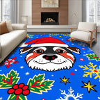 Christmas Dog Santa Hat Snowflakes Holly Rug