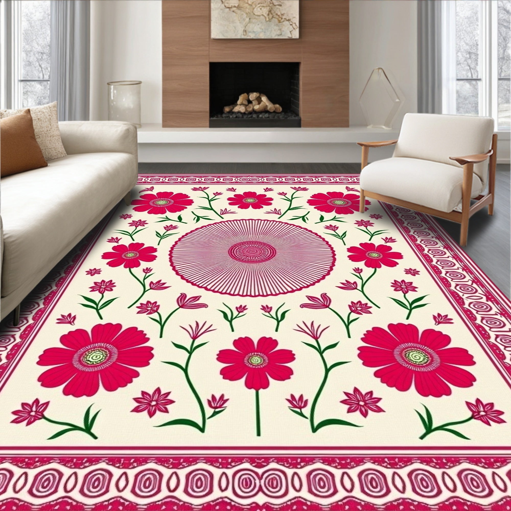 Crimson Blooms Bordered Centerpiece Rug