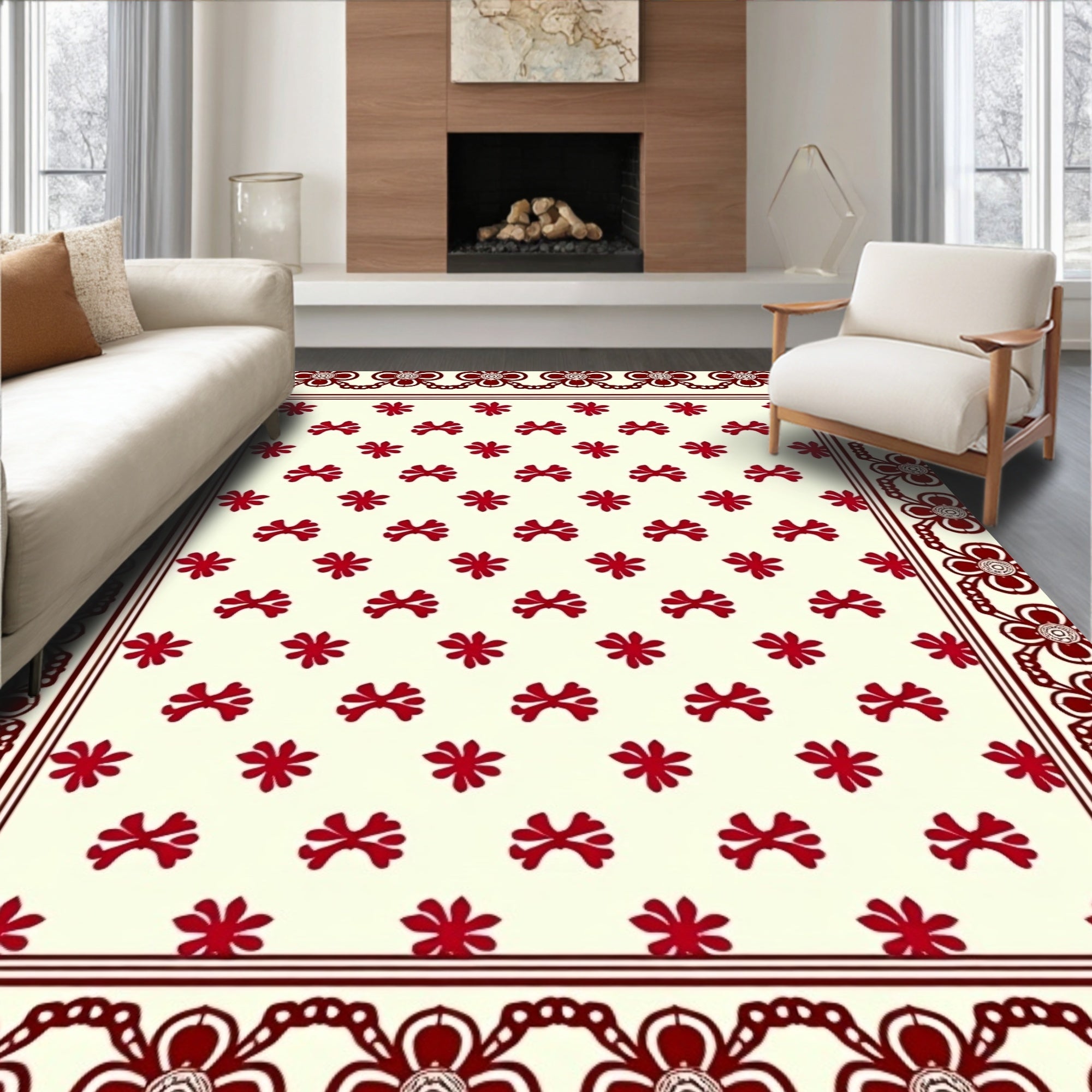 Crimson Floral Bordered All-Over Rug