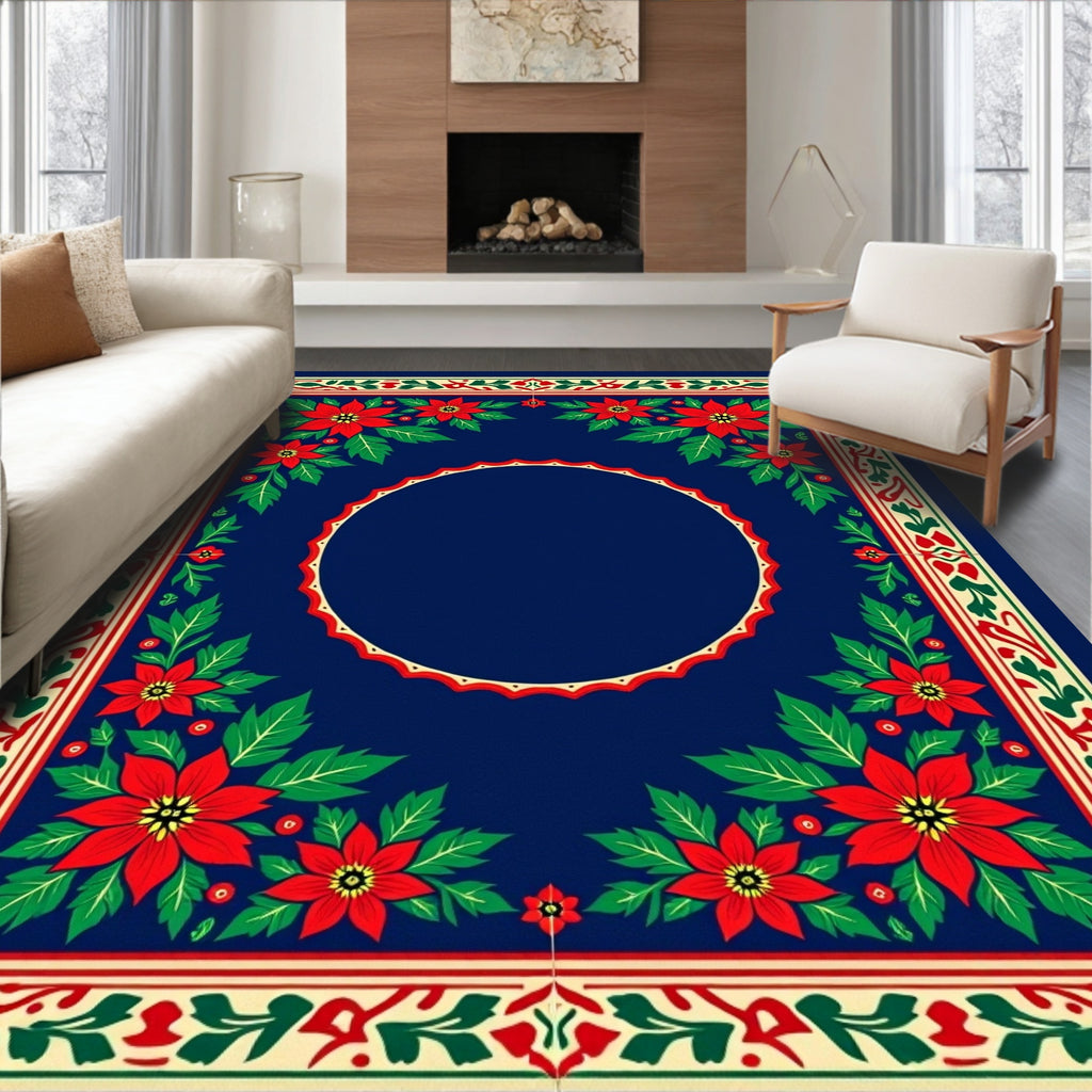 Crimson Floral Bordered Navy Square Rug
